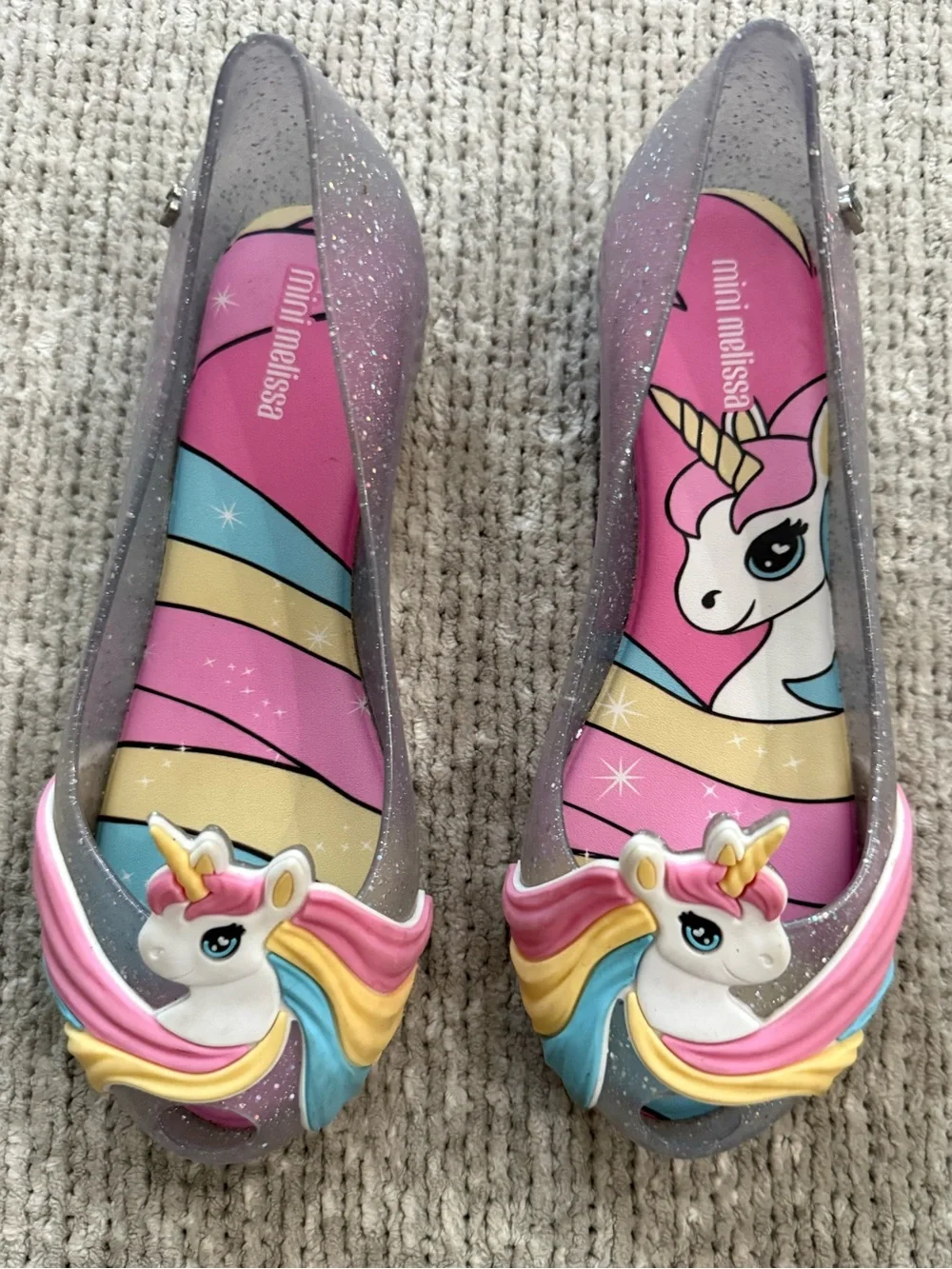 Mini Melissa Unicorn Glitter Jelly Flats Rainbow Shoes Kids Size 2